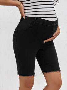 SHEIN Maternity Casual Skinny Elastic Denim Shorts, Black,Summer Beach Vacation , Suitable For Daily Dating, Night Out, Nightclubs, Parties, Get-Togethers, Pool Parties, Back-To-School Season Clothing, Back-To-School Season Clothing, Holiday Women's , Music Festival Clothing, Country Music Festival Clothing, Concert Clothing,Mother Day/Mom/Mother/ Mommy/Mother's Day/Mama/Mum/Mother's Day Gift - Black - View 4