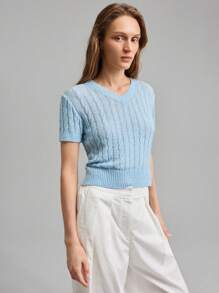 Ontre Regular Fit Short Sleeve V-Neck Knit Top, Fashionable For Summer - Blue - View 3