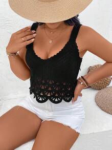 SHEIN VCAY 加大码纯色无袖毛衣背心，时尚适合夏季西式外出钩针上衣