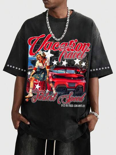 Street Life Men's Vintage Racing Casual Round Neck Short Sleeve Letter Print T-Shirt, Minimalist Daily Wear