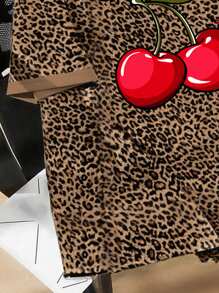 SHEIN CURVE+ Plus Size Women's Leopard Print & Cherry Pattern Loose Casual Short Sleeve T-Shirt, Summer, Curve Plus, Boho Vacation - White - View 4