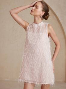 Aveloria Rosie New French Fashion Noble Lady Sweet Style Delicate Simple Generous High-End Exquisite See-Through Silver Thread Tassel Fabric Sleeveless Round Neck Slightly Loose Women Short Dress Elegant FashionableOld Money Style  For Summer