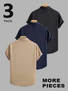 Manfinity Mode A Combination Of Three Shirts, Men's Short-Sleeved Lapel Solid Color Casual Summer Tops, Suitable As Gifts For Friends And Boyfriends.