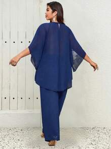 SHEIN Belle 2pcs Plus Size Chiffon Multi-Layer V-Neck Short Sleeve Blouse + Straight Loose Pants Casual Outfit For Work - Navy Blue - View 2