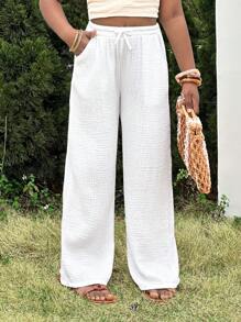 SHEIN Tween Girl Ruched Texture Chiffon Drawstring Waist Pocketed Loose Wide Leg White Pants