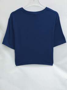 Calvaya Women's Summer Casual Plus Size Short T-Shirt, Round Neck T-Shirt With Slogan Pattern, Suitable For Summer - Navy Blue - View 2