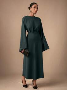 SHEIN Cottnline Elegant Commuting Solid Color Bell Sleeve Dress - Dark Green - View 7