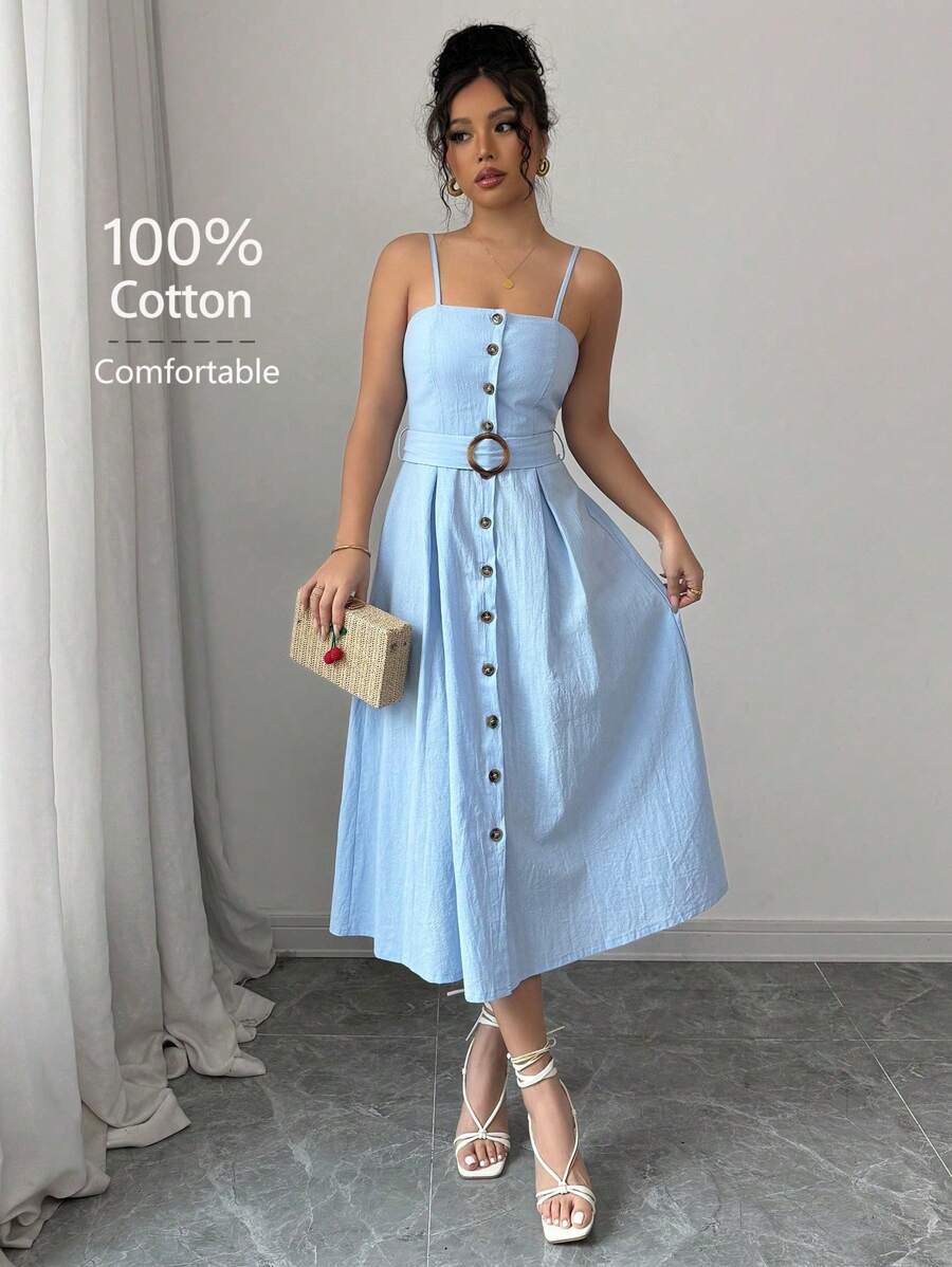 Chiquease Cài nút phía trước một hàng khuy, có thắt lưng, phong cách ngày lễ, thanh lịch và thời trang khi đi chơi, váy chữ A dài vừa phải màu xanh lam có dây đeo cho nữ, váy midi mùa hè, váy cài nút cho nữ, váy suông cho nữ, váy đi nghỉ cho nữ, váy chống nắng cho nữ - Màu xanh lam - Xem 1