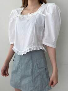 DAZY Square Collar Loose Half Sleeve Bow Decor Women Blouse Summer Cute Tops - White - View 2