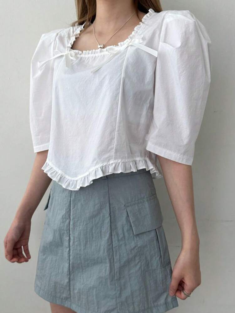 Square Collar Loose Half Sleeve Bow Decor Women Blouse Summer