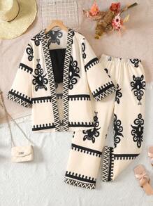 SHEIN 3 pièces Ensemble veste imprimée, débardeur et pantalon pour adolescentes, motifs floraux et géométriques