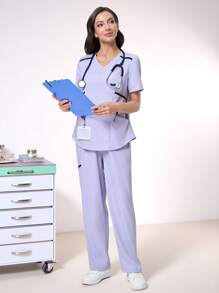 Scrubzie 2pcs V-Neck Wrinkle-Resistant Contrast Color Women Healthcare Scrub Uniform Top And Pants Set Scrub Sets For Women - Mauve Purple - View 1