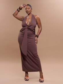 MUSERA 加大码露背深V领修身垂褶系带长裙，毕业季性感可爱优雅度假飘逸百搭长裙，夏季度假必备 - 咖啡棕 - 查看 4