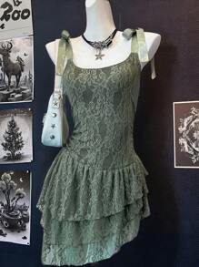 SHEIN EZwear Summer Tank Top For Women Country Concert Western Wear Lace Ruffle Green Lace Asymmetrical Hem With Ruffle Trim - Army Green - View 1