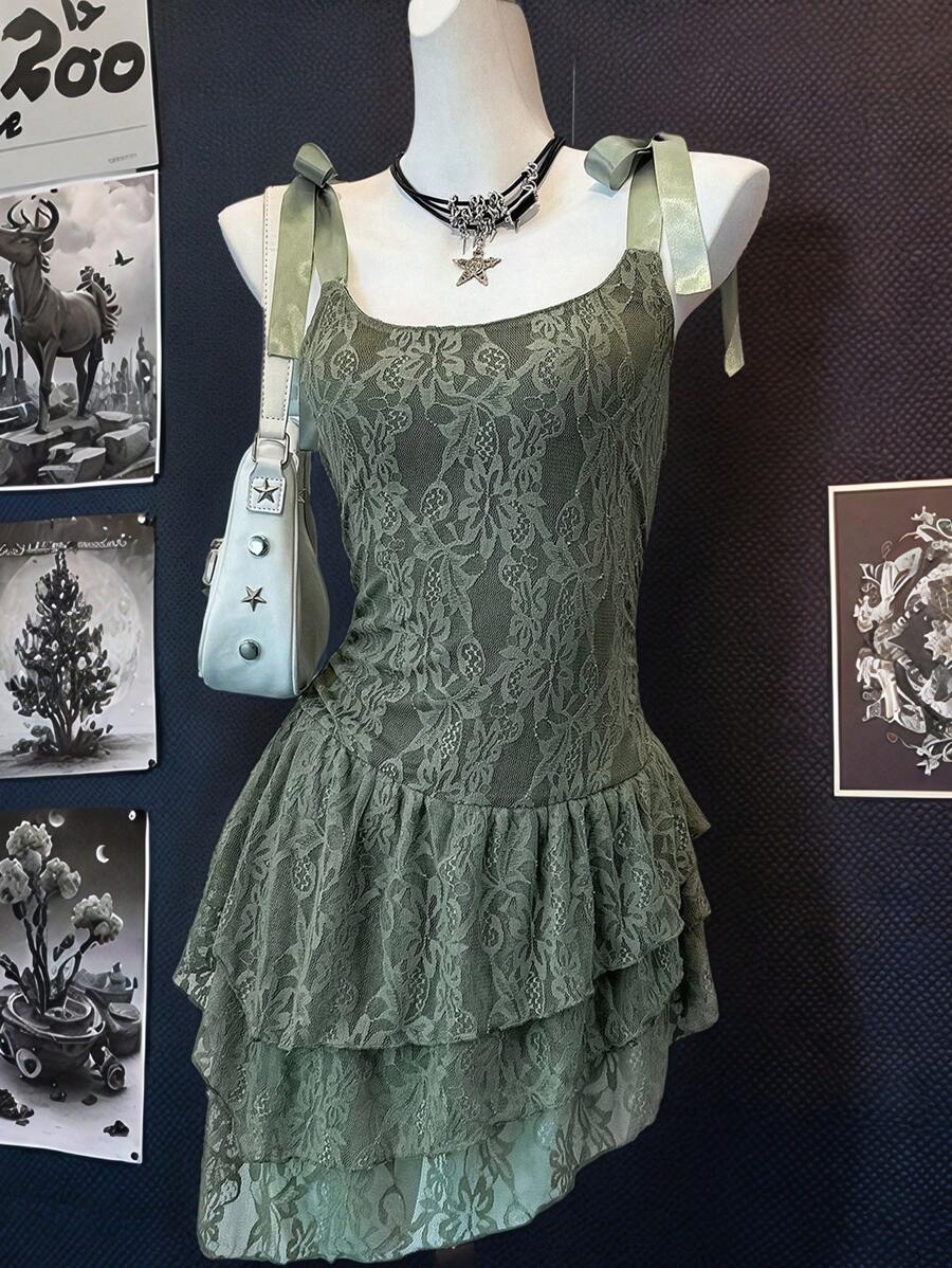 SHEIN EZwear Summer Tank Top For Women Country Concert Western Wear Lace Ruffle Green Lace Asymmetrical Hem With Ruffle Trim - Army Green - View 1