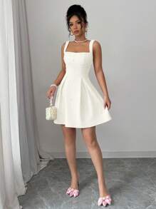 Rafferiza Women Solid Color Contrast Panel Wide Strap Studded Casual Dress - Beige - View 6