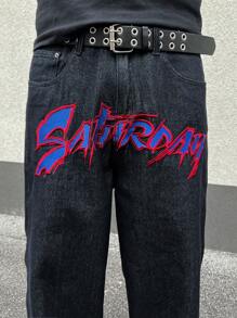 Manfinity EMRG Men's Letter Print Front Pocket Loose Denim Overalls Wide Leg Long Pants - Black - View 7