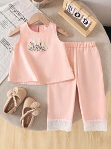 Baby Mädchen beige ärmelloses locker sitzendes Top mit bestickter Vorderseite und breite Hose mit Spitzenbesatz, Sommer Lässig Set