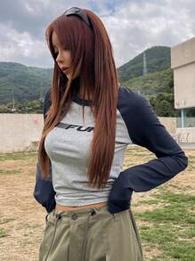 DAZY 字母图案插肩袖 T 恤，秋季服装长袖女式上衣 - 淺灰色 - 查看 2