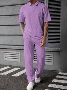 Manfinity Homme Men's Knit Textured Fabric Polo Shirt And Pants Suit Set - Purple - View 4