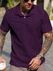 Manfinity Homme Men's Solid Color Textured Fabric Short Sleeve Casual Polo Shirt - Purple - View 5