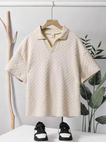 SHEIN Tween Boy Casual Korean-Japanese Style Solid Color Textured Knit Collar Polo Shirt, Comfortable Fabric, Suitable For Commuting, School, Casual Daily Wear, Sports, Spring/Summer - Apricot - View 2