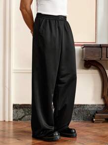 SWAVVY Men's Fashion Casual Black Essential Solid Color, Letter Embroidery Loose Straight Leg Sweatpants, For Daily Wear - Black - View 4