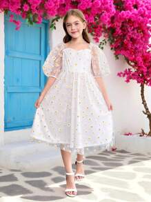 Váy trắng tay bồng cổ vuông lưới hoa cúc cho bé gái tuổi mới lớn, trang phục đôi cho mẹ và bé - trắng - Xem 3