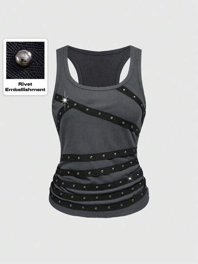 Grunge Punk Women's Sexy Sleeveless Beaded Studded Halter Neck Low-Cut Black Tank Top, Suitable For Summer Beach, Graduation, Easter, Concerts, Nashville, Festivals