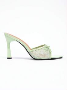 CUCCOO CHICEST New Fashionable & Versatile Rhinestone Bow Strap Thin-Heel High Heel Sandals For Christmas - Green - View 2
