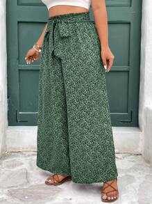 SHEIN Frenchy Plus Size Casual Vacation Tie-Up Wide Leg Pants, Fashionable For Summer,Summer Pants - Green - View 5