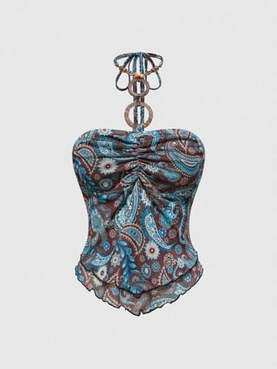 J-Fashion Western Wear Hippie Style Vintage Cashew Flower Pattern Strapless Cami Top For Women