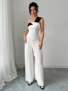 Elenzga Women's Asymmetric Shoulder Ruched Color-Block Jumpsuit - Apricot - View 5