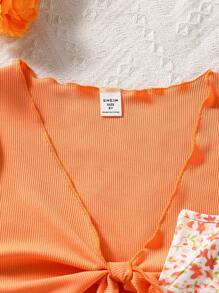 SHEIN Bộ 2 chiếc áo thun tay ngắn màu trơn đơn giản cho bé gái tuổi teen đi nghỉ mát và váy hở vai họa tiết hoa nhỏ nhắn - trái cam - Xem 6