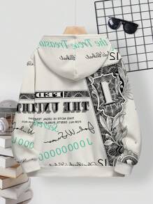 SHEIN Leap Crew 青少年男孩休闲宽松舒适经典酷炫嘻哈钞票图案印花长袖连帽衫运动衫，适合秋冬季