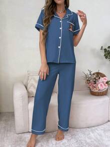 SHEIN 熊刺绣撞色边短袖和裤子女士睡衣套装 - 藏蓝色 - 查看 3