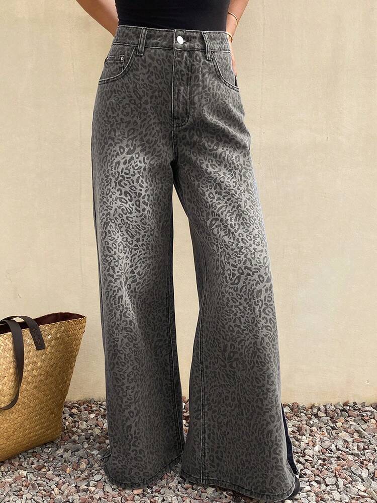 Women's Pocket Decoration Casual Loose Leopard Print Washed Fashion Jeans