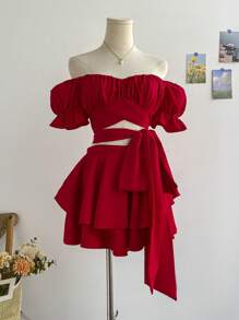 Soleia Tie Front Off Shoulder Top & Layered Hem Shorts - Red - View 9