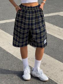 Muchica Women Plaid Woven Wide Leg Bermuda Shorts - Navy Blue - View 5