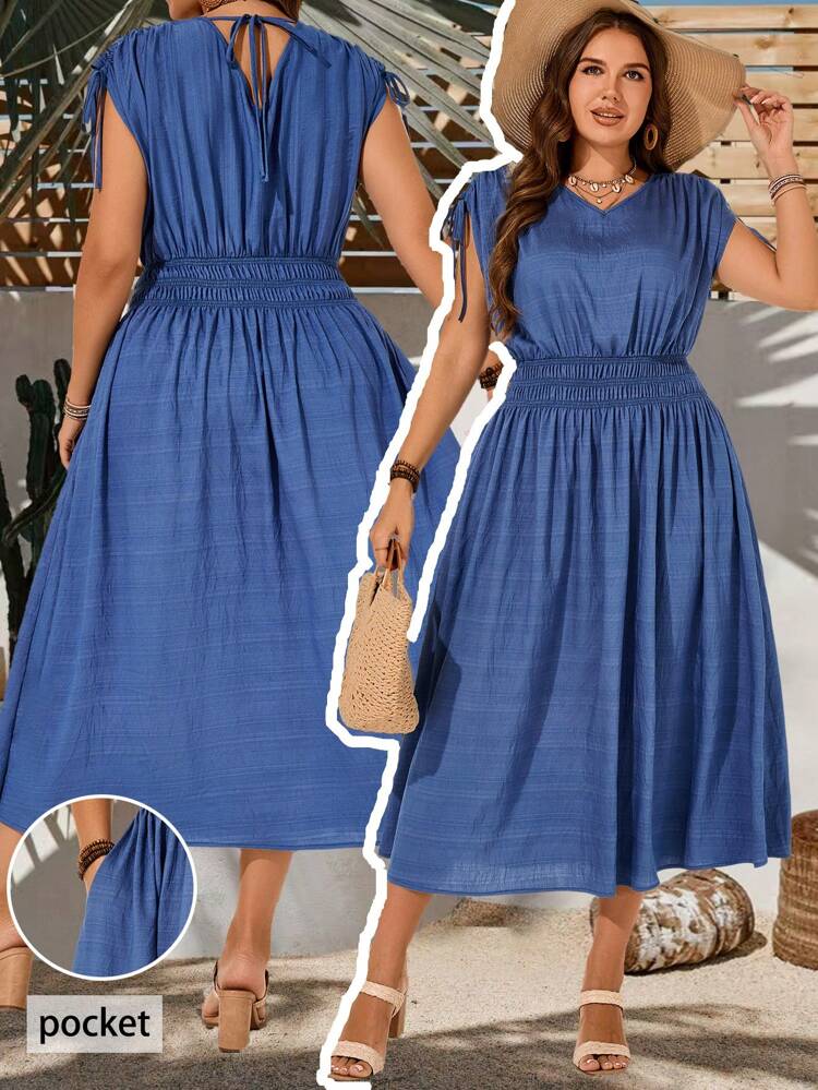 Plus Size Women's Casual Summer V Neck Strap Design Elastic Waist Blue Dress With Pockets, Vacation Outfits Women,Simple And Fashionable For Everyday Wear