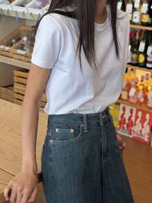 DAZY Women Crew Neck Fitted Short Sleeve White Basic T-Shirt, Spring/Summer - White - View 3