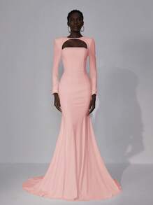 Elitara Elegant Tube Bell Sleeve Sweetheart Backless Rhinestone Embellished Mermaid Wedding Dress, Bride - Pink - View 7