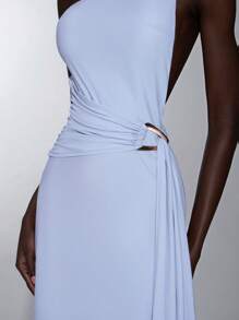 Elitara 优雅银灰色冰丝高弹针织不对称领口连衣裙，配有侧面金属装饰纽扣，性感露背鱼尾长裙，适合春夏季度假、约会、婚礼、毕业典礼、正式场合、派对礼服、礼服、晚会、婚礼宾客