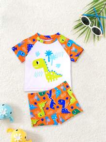 SHEIN Baby Boy Cute Cartoon Dinosaur Printed Short Sleeve Top And Shorts 2 Pieces Swimwear Set, Suitable For Summer Beach, Swimming, Water Park Summer Sets For Baby Boy Boys Summer Clothes Baby Boy Beach Clothes Baby Boys Beach Wear Summer Clothes - Orange - View 1