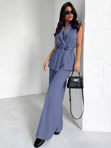 Firerie 女士优雅休闲通勤日常度假西装外套配腰带无袖宽松夹克和高腰阔腿长裤两件套，卡其色秋冬 - 藍色 - 查看 4