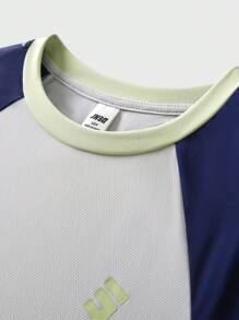 SHEIN 返校户外运动短袖T恤，儿童圆领拼色趣味字母印花T恤