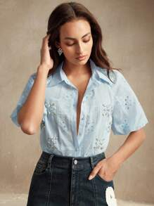 Anewsta Women's Elegant Embroidered Hollow Puff Sleeve Short Sleeve Handmade Rhinestone Lapel Blouse, Festival, Going Out, Vacation , Women Spring Summer - Baby Blue - View 5