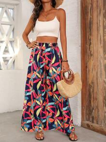 SHEIN PETITE Women's Casual Wide Leg Floral Print Pants, Vacation Style Fall Cloth For Women - Multicolor - View 3