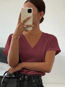 Livesso Women's Solid Color V-Neck Short Sleeve Casual Loose T-Shirt,Business Casual Women