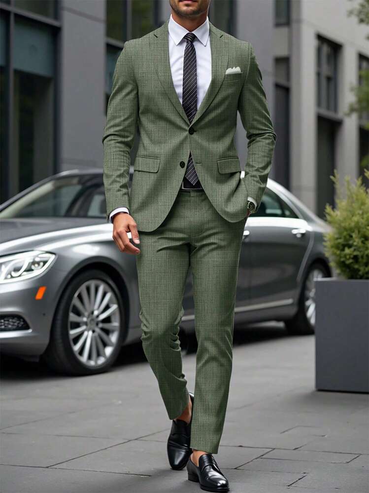 Manfinity Mode Men's Business Commuter Jacket And Pants Suit Set - Army Green - View 5